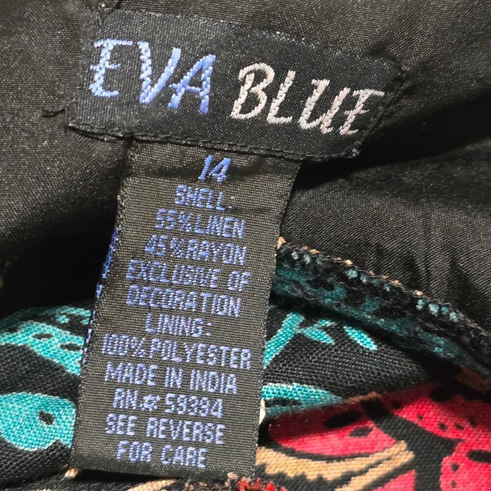 VTG Eva Blue Plus Size 14 Y2K Babydoll Linen Blend Bodycon Maxi Dress Black Red - Picture 7 of 8